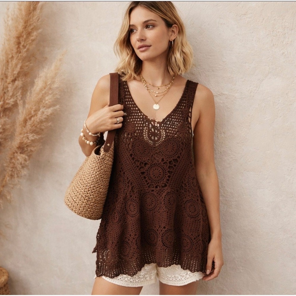 Cellabie Brown Crochet‎ Knit V-Neck Tank Top Cotton Boho Sleeveless OS NWT